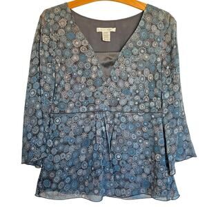 Vintage Nine West Y2K Silk Babydoll Blouse Blue Boho Print Sheer Sleeves Fairy 6